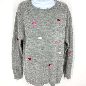 Pink Lily Gray Sweater Lips Kisses All Over Print Intentionally Distressed Sz M